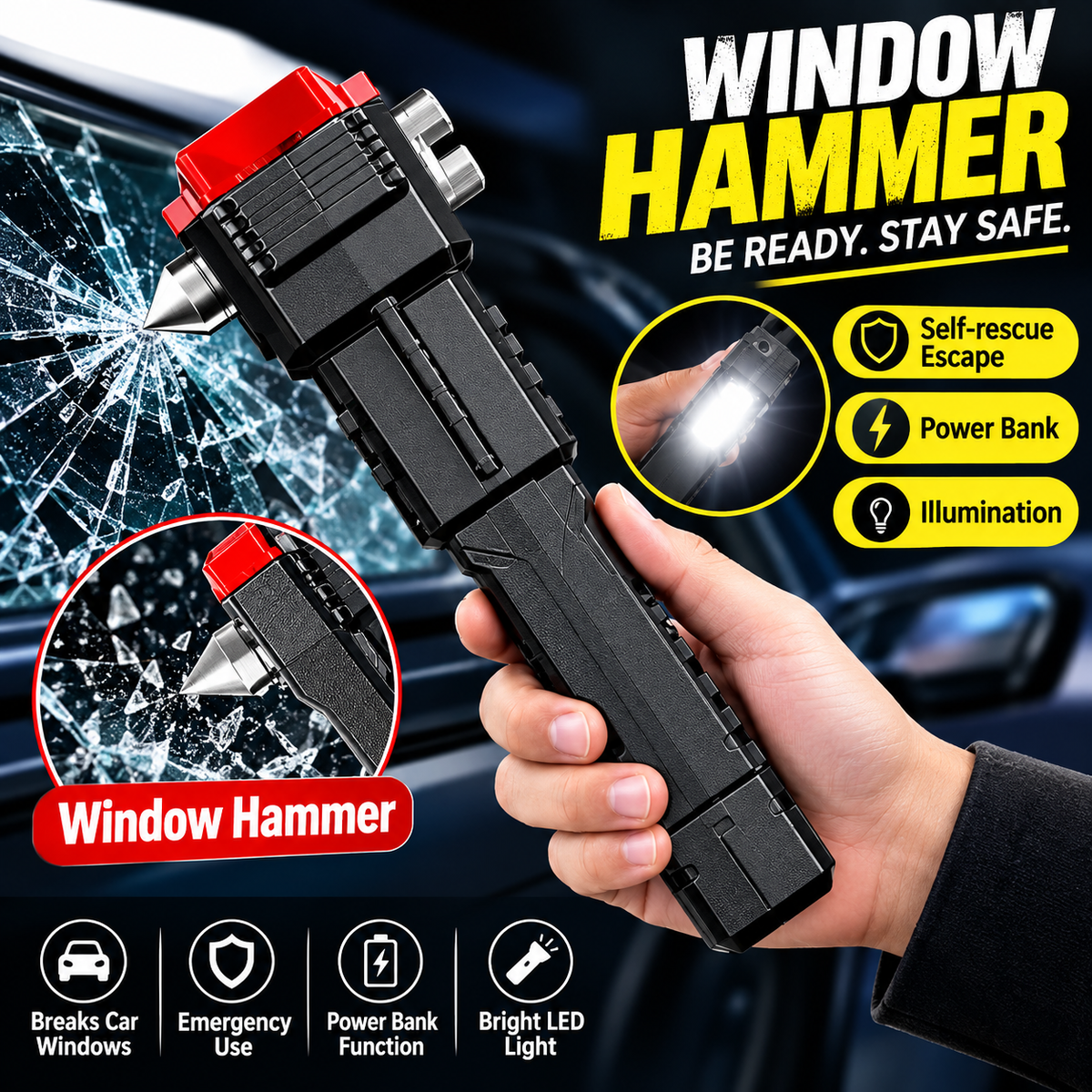 Multifunctional Flashlight- Window Hammer – Emergency Escape Tool